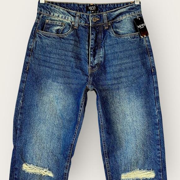 boohooMAN Relaxed Rigid Button Fly Rip Knee Blue Jeans Zip Hem Size 30X37 Tall - Picture 4 of 14